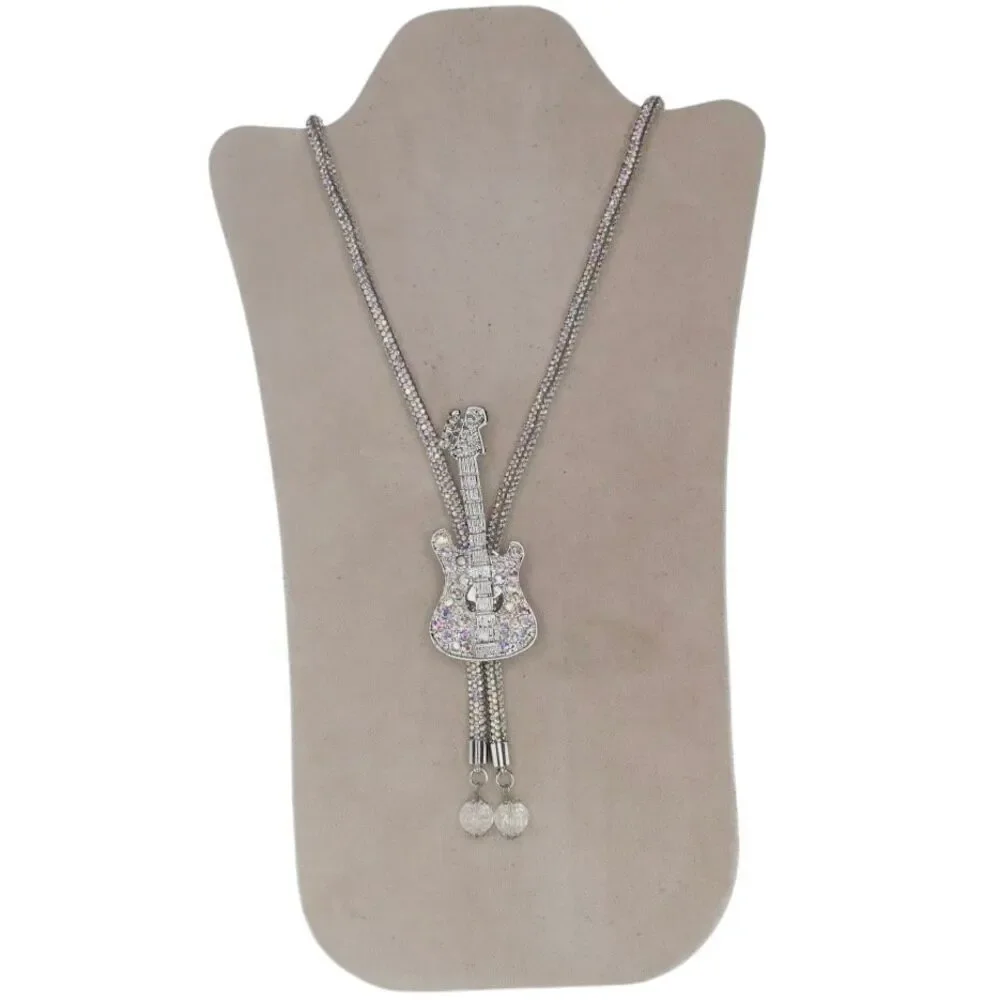 Western Rhinestone Rodeo Guitar Pendant Bolo Tie Necklace for the Wild at Heart